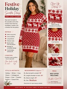 Red and White Reindeer Knit Sweater Dress - Long Sleeve